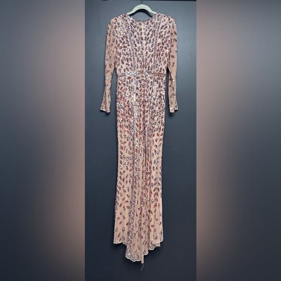 NEW Mac Duggal Embellished Front Slit Long Sleeve Gown Rose Gold 10 5502 - Picture 6 of 6